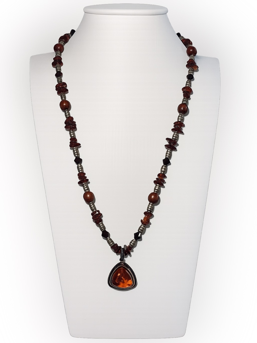Vintage Amber Pendant Necklace & Bracelet Set Wood Glass